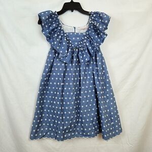 Paris Hilton Girls Blue Chambray Ivory Embroidered Floral Dot Scalloped Dress 14